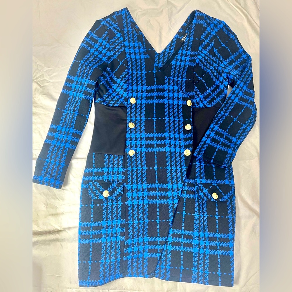 Fitted Blue/Black Plaid Mini Dress